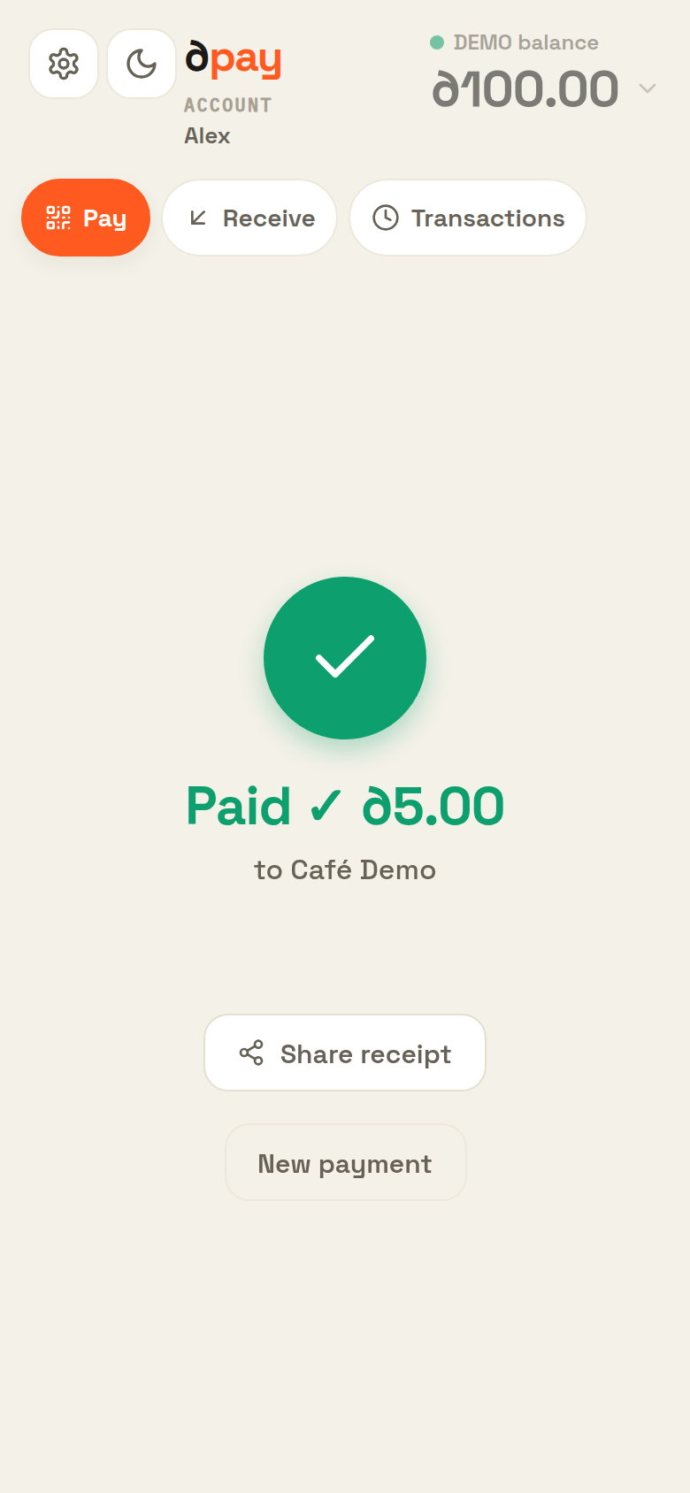 The Different Pay app showing a completed payment: Paid, ∂5.00 to Café Demo.